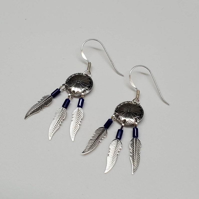 Southwestern Jewelry Made in USA Small Sterling Silver Dangle Earrings Stamping Concho With 3 Feathers Q925 Lapis Blue Dangle Earrings