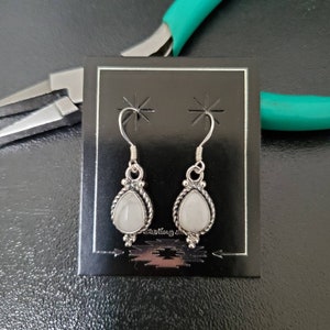 Q925 Small Teardrop White Buffalo Turquoise Dangle Earrings | Sterling Silver Dangle Earrings | Small White Turquoise Jewelry | Made in USA
