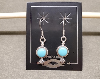 ZZ-113 | Eleganta turkosa hängande örhängen, sydvästra turkosa örhängen, turkosa örhängen i sterlingsilver, turkos droppe, present till henne