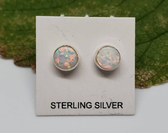 6mm Sterling Silver White Opal Stud Earrings | White Opal Studs | Small Silver Posts | Small Opal Post Earrings | Fire White Opal Jewelry