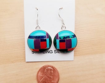 Q925 Big Inlay Multicolor Dangle Earrings | Big Round Multicolor Inlay Earrings | Sterling Silver Multicolor Jewelry | Southwestern Jewelry