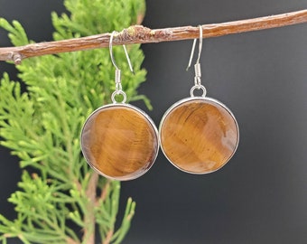 Q925 Big Tigereye Dangle Earrings | Simple Sterling Silver Tigereye Earrings | Southwestern Jewelry | Big Silver Earrings Made in USA