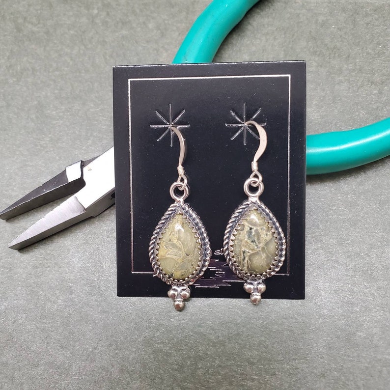 Sterling Silver Dangle Earrings Southwestern Jewelry Q925 Big Green Agate Teardrop Earrings Agate Teardrop Boho Earrings Made in USA