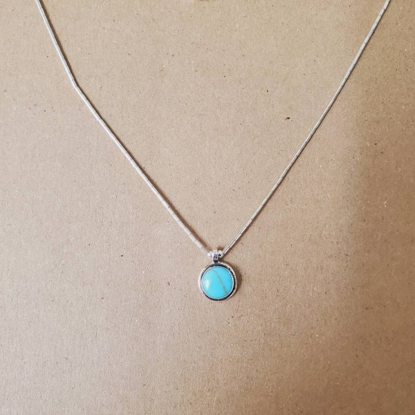 Q925 Small Turquoise Necklace | Simple Turquoise Necklace With Sterling Liquid Silver Chain Necklace 16" | Silver Choker Necklace | Everyday
