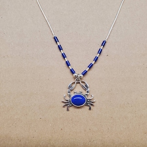 Q925 Blue Lapis Crab Necklace With Sterling Liquid Silver Necklace 16 inches | Crab Boho Necklace | Sterling Silver Southwestern Necklace