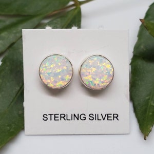 Sterling Silver Stud Earrings - Fire White Opal Studs 8mm Round - Fire Opal Studs - Made in USA