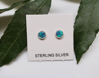 Sterling silver stud earrings - blue green fire opal studs 4mm - fire opal 4mm studs - Made in USA