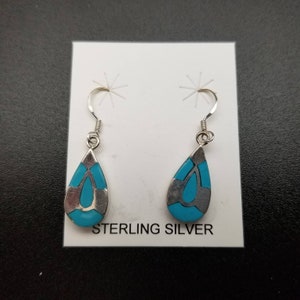 Q925 Sterling Silver Teardrop Inlay Turquoise Earrings | Turquoise Teardrop Earrings | Sterling Silver Inlay Turquoise Jewelry | Inlay Drops