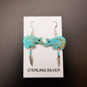 Q925 Bear Fetish Dangle Earrings | Turquoise Bear Shape Earrings | Bear Jewelry | Sterling Silver Earrings | Southwestern Earrings