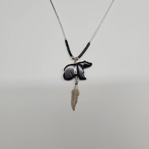 Q925 Black Bear Necklace With Sterling Liquid Silver Necklace 18 inches | Bear With Feather Sterling Silver Southwest Necklace Bear Jewelry
