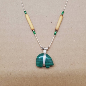 Q925 Green Malachite Bear Necklace With Sterling Liquid Silver Choker Necklace 16 inches | Boho Necklace | Bear Shape Southwestern Jewelry