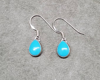 Q925 Small Simple Teardrop Blue Turquoise Dangle Earrings | Small Sleeping Beauty Turquoise Earrings | Sterling Silver Jewelry | Made in USA