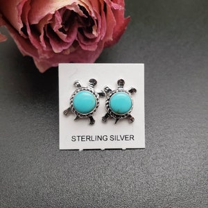 Q925 Southwest Turtle Post Earrings | Sterling Silver Turtle Turquoise Earrings | Kingman Turquoise Turtle Jewelry | Dainty Turtle Earrings