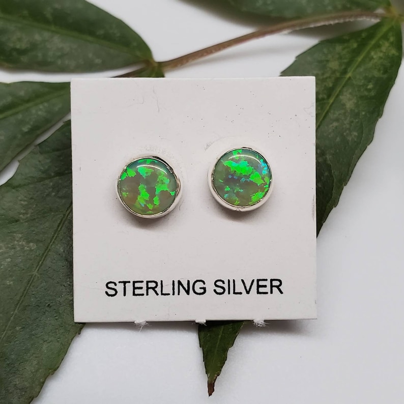 Sterling silver stud earrings - fire opal studs 6mm - 8 colors desert opal 6mm round shape - mini opal studs - everyday studs Made in USA Lime green