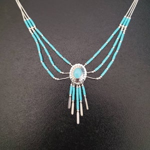 Q925 3 Stränge Türkis Halskette mit Sterling Liquid Silver Halskette 18 Zoll | Große Sterling Silber Southwestern Halskette | Hergestellt in USA