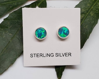 Q925 5mm Small Green Opal Stud Earrings | Blue Green Opal Post Earrings | Sterling Silver Stud Earrings | Simple Opal Earrings | Made in USA