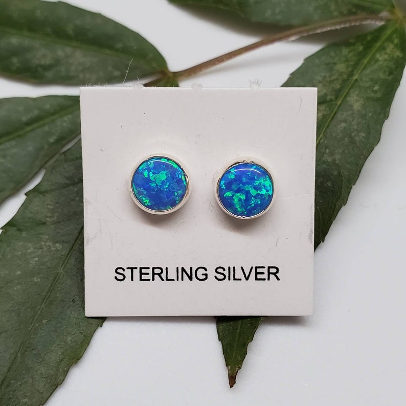 Sterling silver stud earrings - fire opal studs 6mm - 8 colors desert opal 6mm round shape - mini opal studs - everyday studs Made in USA Dark blue