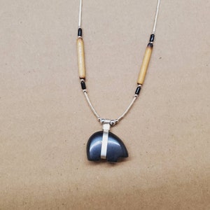 Q925 Small Black Bear Necklace Pendant With Sterling Liquid Silver Chain Necklace 18 inches | Sterling Silver Southwest Bear Necklace | Boho