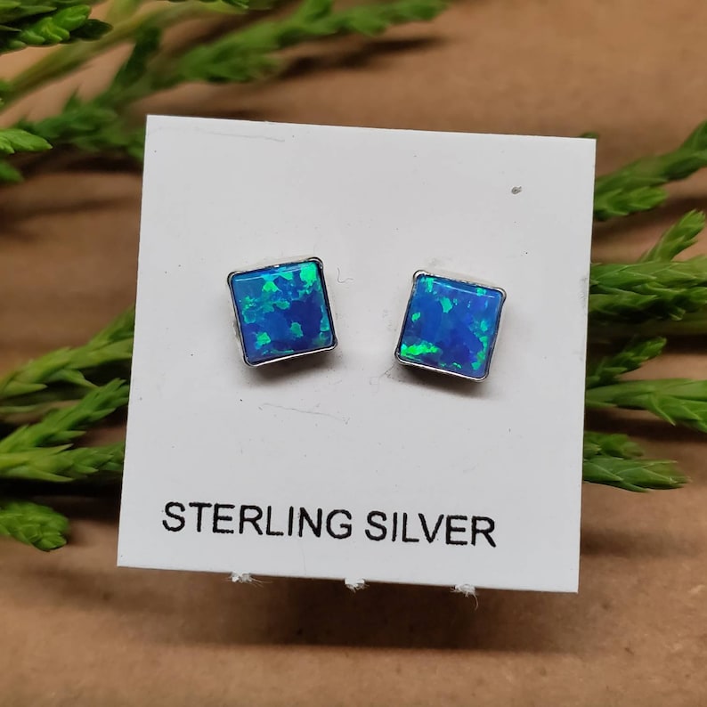 Simple Post Earrings Q925 5mm Square Dark Blue Opal Stud Earrings Boho Earrings Sterling Silver Opal Jewelry Dark Blue Opal Post