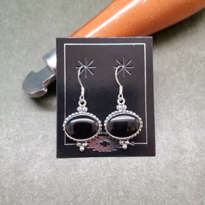 Q925 Big Oval Black Onyx Dangle Earrings | Sterling Silver Black Dangle Earrings | Sterling Silver Jewelry | Black Onyx Earrings Made in USA