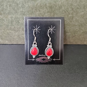 Q925 Small Bamboo Red Coral Dangle Earrings | Sterling Silver Dangle Earrings | Silver Red Coral Jewelry | Cute Silver Earrings Made in USA