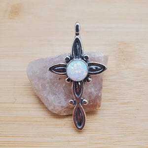 Q925 Big White Opal Cross Pendant Without Chain | Sterling Silver Cross Pendant | Big Jesus Cross | Dainty White Opal Jewelry | Made in USA