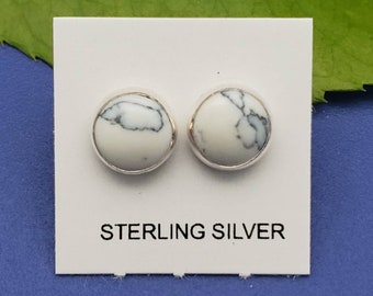 8mm Round White Buffalo Turquoise Stud Earrings | White Turquoise Studs | Sterling Silver | Made in USA