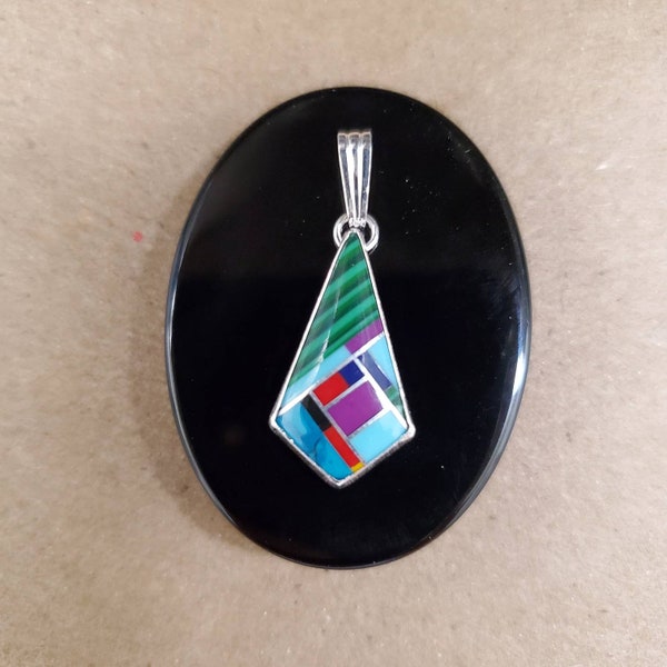 Lovely Silver Inlay Multicolor Necklace Pendant | Sterling Silver Inlay Jewelry | Multicolor Inlaid Pendant | Southwest Pendant Made in USA