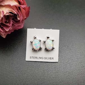 Sterling Silver Turtle Opal Post Earrings | Turtle Fire Opal Stud Earrings in Oval Shape | Turtle Opal Earrings | Made In USA