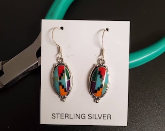 Long Oval Multicolor Inlay Dangle Earrings | Sterling Silver Inlay Dangle Earrings | Inlay Jewelry | Dainty Multicolor Earrings Made in USA