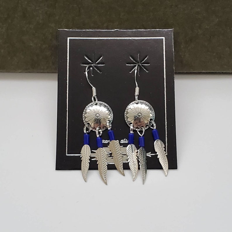 Southwestern Jewelry Made in USA Small Sterling Silver Dangle Earrings Stamping Concho With 3 Feathers Q925 Lapis Blue Dangle Earrings