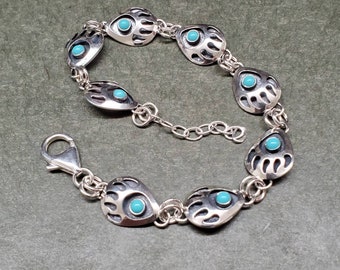 Sterling Silver Turquoise Bear Claw Link Bracelet - 8in