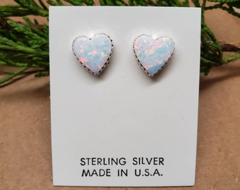 Sterling Silver Heart Opal Stud Earrings | White Opal Heart Shape Post Earrings | 10mm White Opal | Made In USA