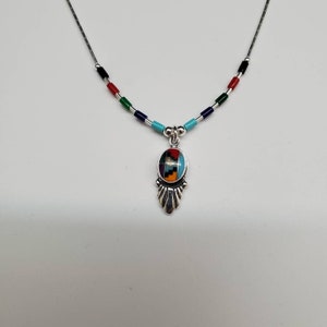 Q925 Small Inlay Multicolor Pendant With Sterling Liquid Silver Necklace 16 inches | Boho Necklace | Sterling Silver Southwestern Necklace