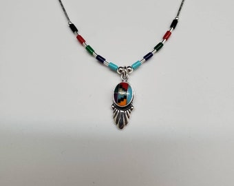 Colgante pequeño multicolor con incrustaciones Q925 y collar de plata de ley líquida de 45 cm / Collar estilo bohemio / Collar estilo suroeste de plata de ley