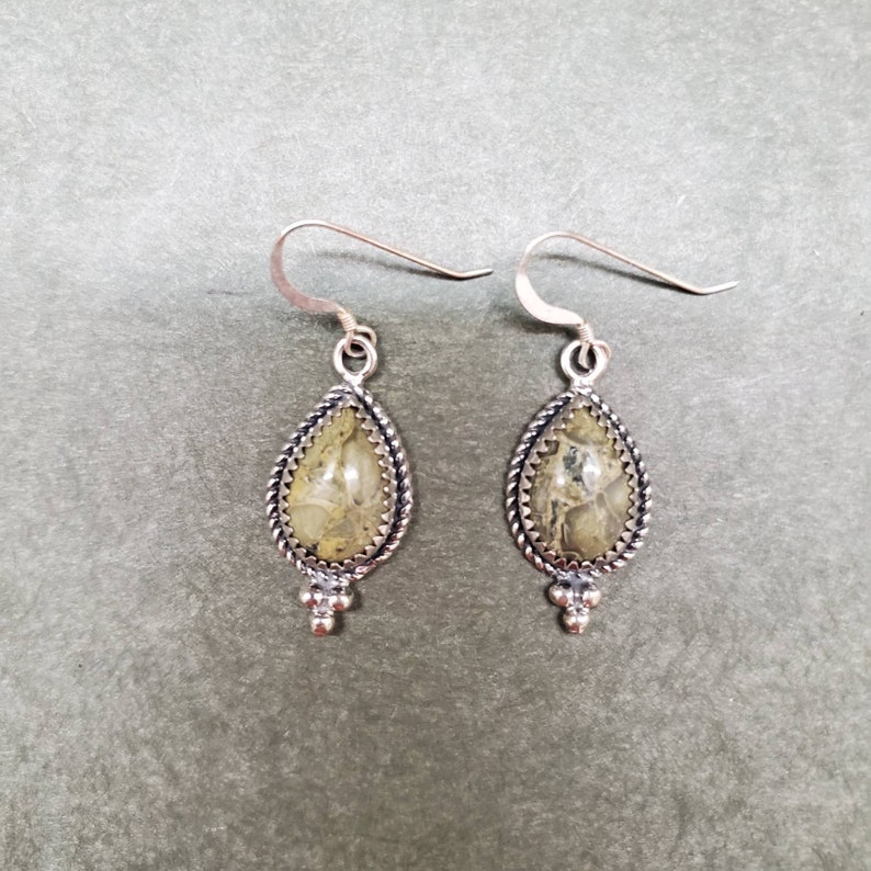 Sterling Silver Dangle Earrings Southwestern Jewelry Q925 Big Green Agate Teardrop Earrings Agate Teardrop Boho Earrings Made in USA
