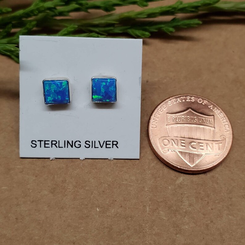 Simple Post Earrings Q925 5mm Square Dark Blue Opal Stud Earrings Boho Earrings Sterling Silver Opal Jewelry Dark Blue Opal Post