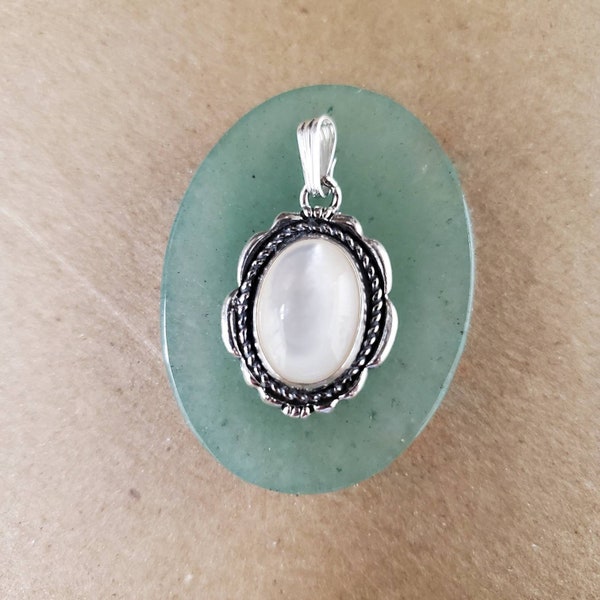 White Mother of Pearl Necklace Pendant | Sterling Silver White Shell Pendant | Big White Stone Pendant | Southwestern Jewelry Made in USA