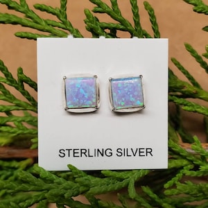 Q925 6mm Square Blue Opal Post Earrings | Blue Opal Stud Earrings | Sterling Silver Square Earrings | Blue Opal Studs | Blue Opal Jewelry