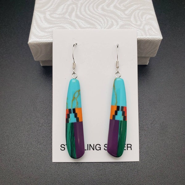 Q925 Inlay Sterling Silver Hook Earrings | Reversible Between Turquoise and Inlay Multicolors | Handcrafted in USA