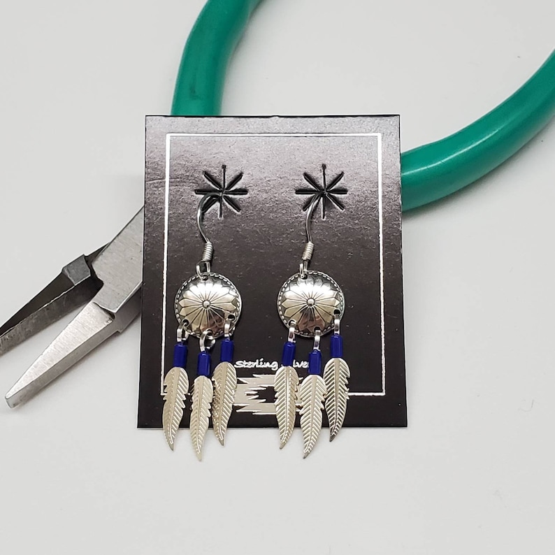 Southwestern Jewelry Made in USA Small Sterling Silver Dangle Earrings Stamping Concho With 3 Feathers Q925 Lapis Blue Dangle Earrings