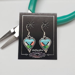 Heart Shape Multiclor Dangle Earrings | Sterling Silver Dangle Earrings | Sterling Silver Inlay Jewelry | Multicolor Earrings Made in USA