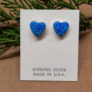 10mm Dark Blue Opal Post Earrings | Dark Blue Opal Heart Stud Earrings | Sterling Silver Opal Studs | Silver Post Earrings | Dainty Blue