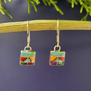 Q925 Small Square Multicolor Dangle Earrings | Inlay Southwestern Jewelry | Sterling Silver Square Inlay Earrings | Dainty Inlay Earrings