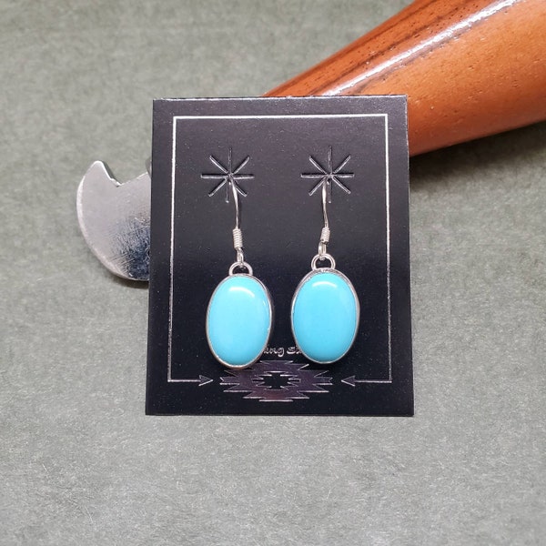Q925 Simple Blue Turquoise Dangle Earrings | Blue Stone Earrings | Small Southwestern Jewelry | Sterling Silver Simple Earrings Made in USA