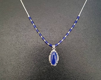 Q925 Long Oval Blue Lapis Necklace With Sterling Liquid Silver Necklace 18" inches | Boho Necklace | Sterling Silver Southwestern Necklace