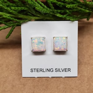 Q925 6mm Square White Opal Stud Earrings | White Opal Post Earrings | Opal Square Studs | Sterling Silver Post Earrings | White Opal Jewelry