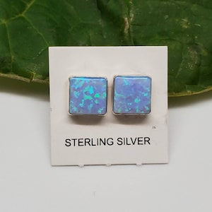Boucles d’oreilles Q925 8mm Square Blue Opal Stud | Boucles d’oreilles Blue Opal Post | Boucles d’oreilles Sterling Silver Stud | Boucles d’oreilles Simple Silver Post Made in USA