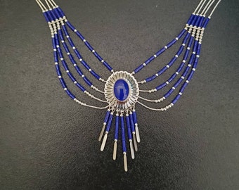 Q925 5 Strands Blue Lapis Necklace With Sterling Liquid Silver Necklace 18 inches | Big Sterling Silver Southwest Necklace | Liquid Silver