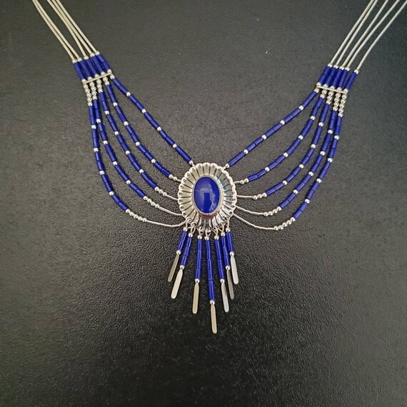 Q925 5 Strands Blue Lapis Necklace With Sterling Liquid Silver 